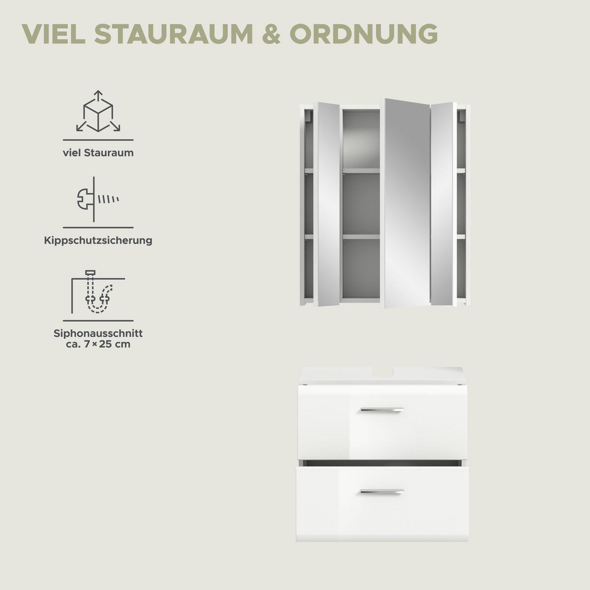 BADKOMBINATION AUF ROLLEN Ice weiß hochglanz 60/30/185 cm - Weiß, Holzwerkstoff (60/185/30cm) - Xonox