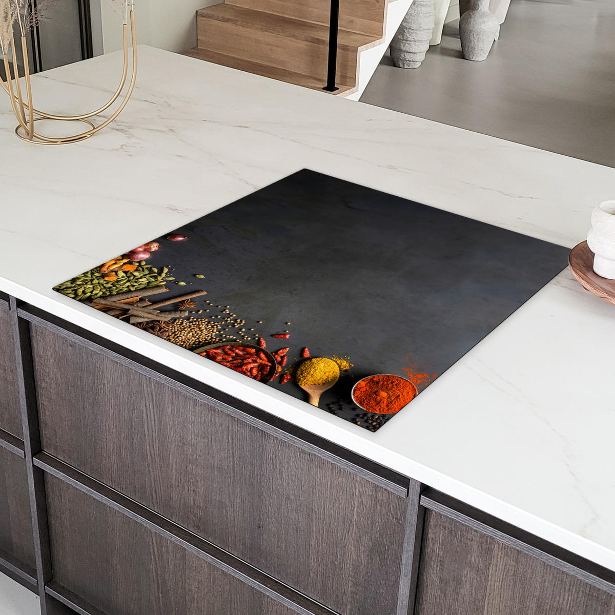 HERDABDECKPLATTE Kräuter - Lebensmittel - Gewürze - Schwarz - Paprika - Zimt Induktionsmatte 78x78 cm - Currygelb, Kunststoff (78/78/0.2cm) - MuchoWow