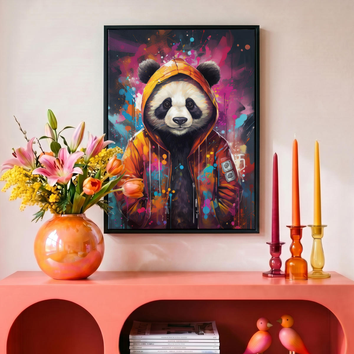 LEINWAND Bilder mit Rahmen - Panda - Jacke - Graffiti - Orange - 30x40 - Orange, Textil (30/40cm) - MuchoWow