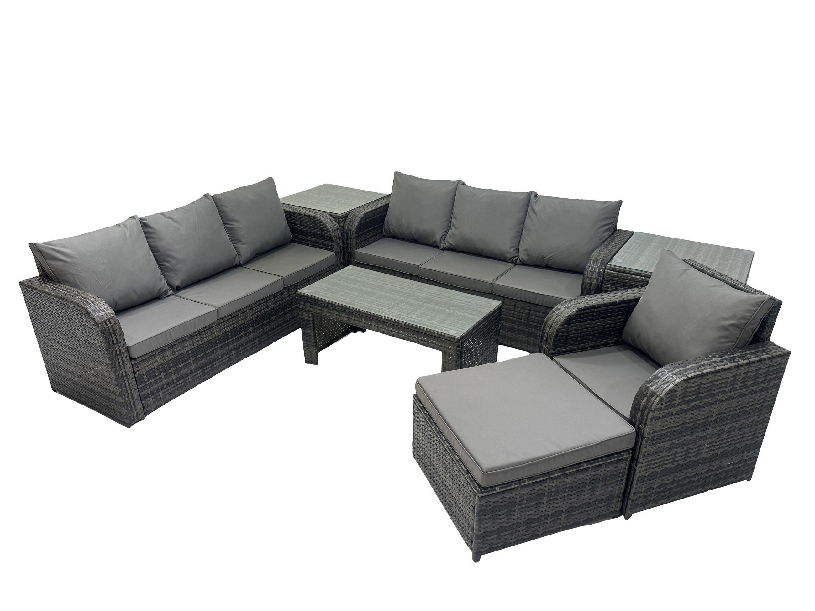 GARTENSOFA SET mit rechteckigem COUCHTISCH Polyrattan 8-Sitzer Dunkelgrau - Dunkelgrau/Grau, Glas/Kunststoff - Fimous