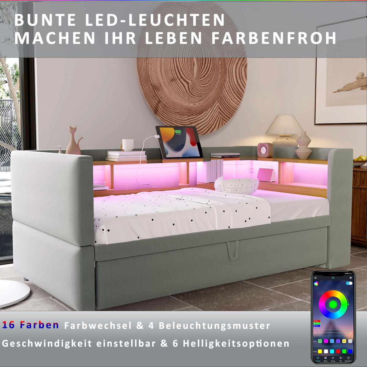 POLSTERBETT 90/180 x 190 cm aus Flanell mit LED-Beleuchtung und Steckdosen Beige - Beige, Textil (90/190cm) - Modenvie
