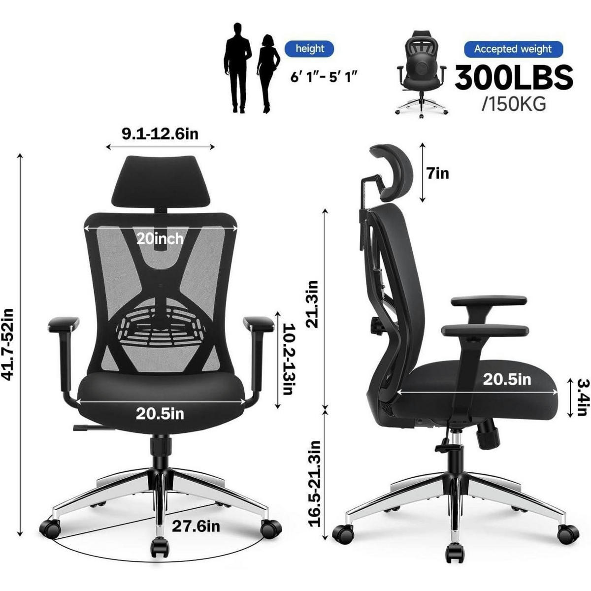 BÜROSTUHL Ergonomisch mit Lendenwirbelstütze und Kopfstütze - Schwarz, Kunststoff (25/53/69cm)