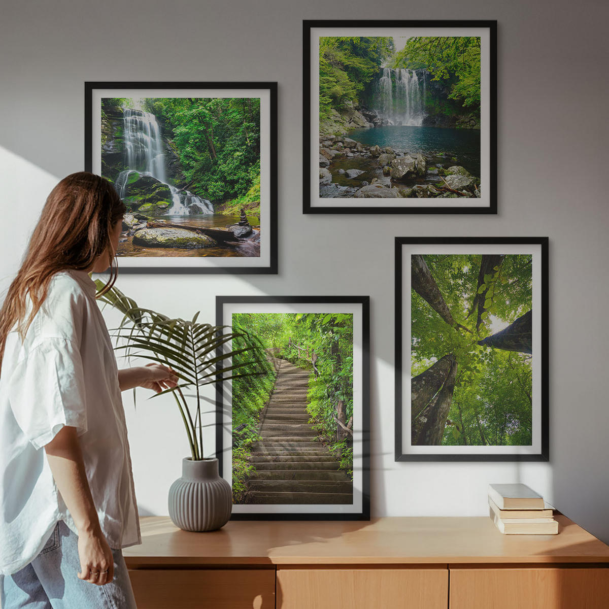 WANDBILDER 4er-Set - 50x50 cm & 40x60 cm Schwarzer Rahmen - Pfad Wald Wasserfall Vegetation - Schwarz, Kunststoff (50/50cm) - ArtPrintCave
