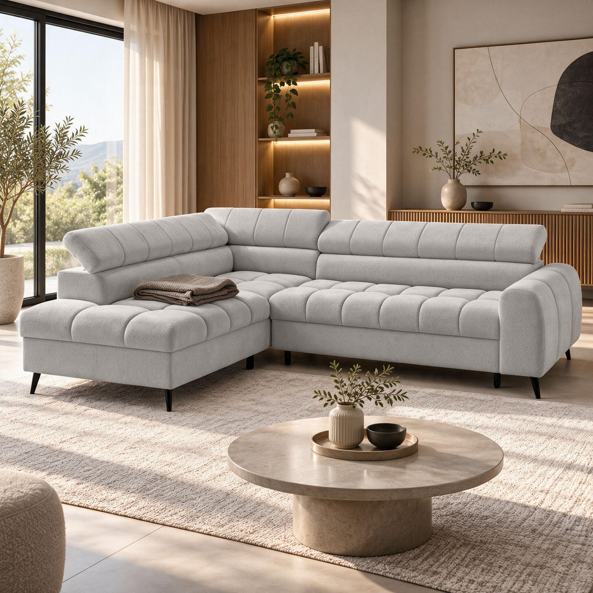 ECKSCHLAFSOFA Vinni Cappuccino, Chenille-Stoff, links - Cappuccino, Textil (265/205cm) - Beautysofa