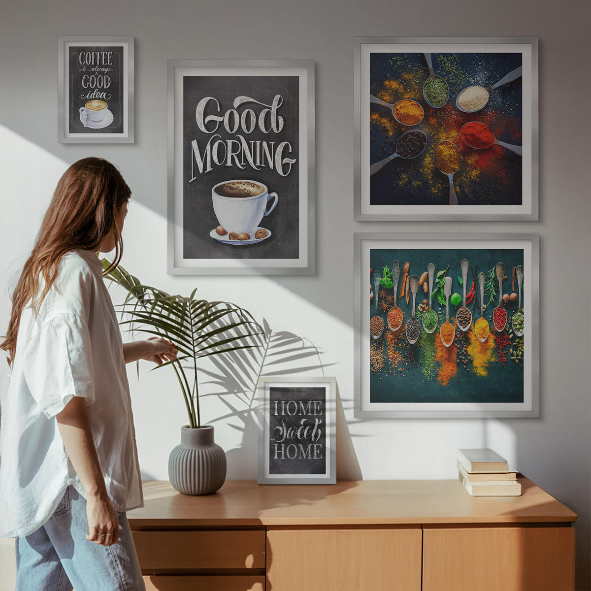 WANDBILDER 5er Set - 50x50 cm & 20x30 cm & 40x60 cm Silberner Rahmen - Gewürze, Kaffee, Tasse, Kräuter - Silberfarben, Kunststoff (40/60cm) - ArtPrintCave