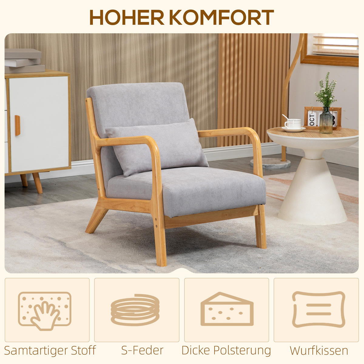 SESSEL mit Armlehne, Lendenkissen, Grau - Grau, Textil (78/76/61cm) - HOMCOM