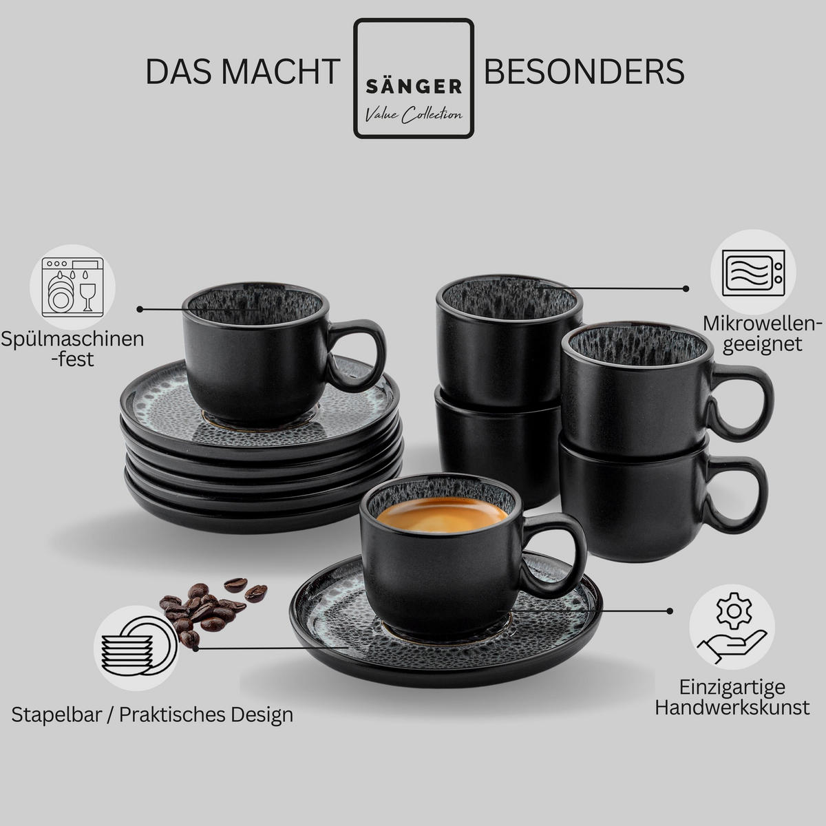 ESPRESSOTASSEN SET SYDNEY - 12 teilig aus Steingut - Grau, Keramik (0.08L) - Sänger