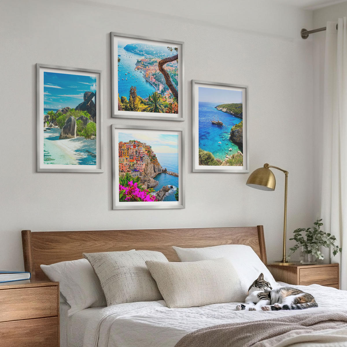 WANDBILDER 4er Set - 50x50 cm & 40x60 cm Silberner Rahmen - Palmen am Meer, blaues Wasser - Silberfarben, Kunststoff (50/50cm) - ArtPrintCave