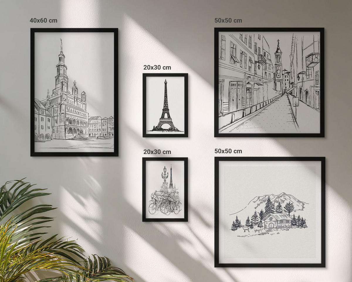WANDBILDER 5er-Set - 50x50 cm & 20x30 cm & 40x60 cm Schwarzer Rahmen - Abstrakte Gemäldekompositionen - Schwarz, Kunststoff (40/60cm) - ArtPrintCave