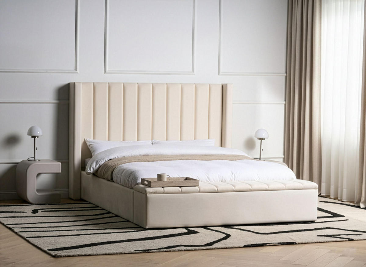 BETT mit Stauraum bank160/200 cm Samtstoff Cremeweiß Noyers - Creme, Textil (160/200cm) - Beliani