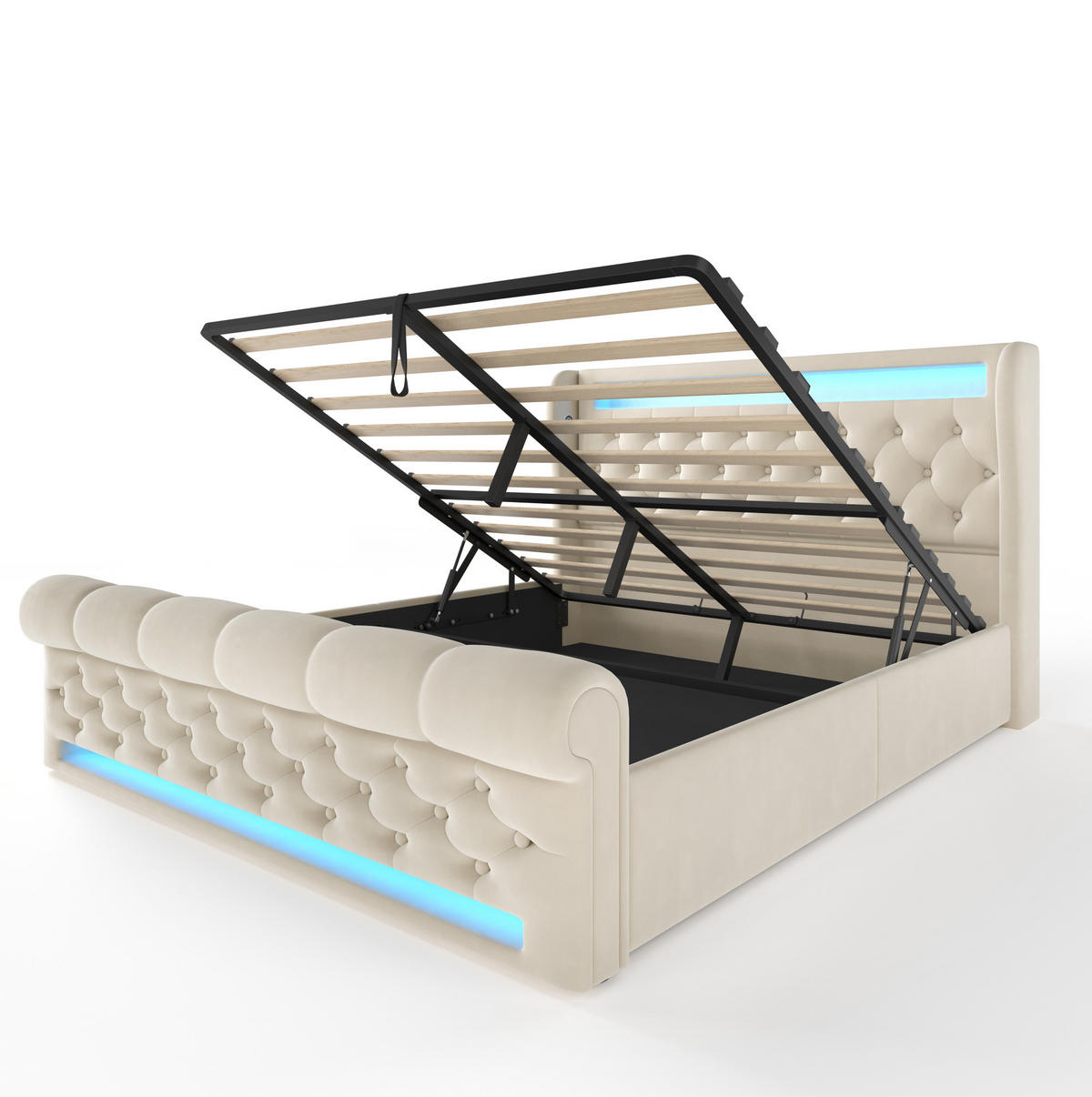 ČALOUNĚNÁ postel 140/190 cm béžová ze sametu, dřeva a kovu s LED osvětlením, USB a úložným prostorem - béžová, textil (140/190cm) - OKWISH