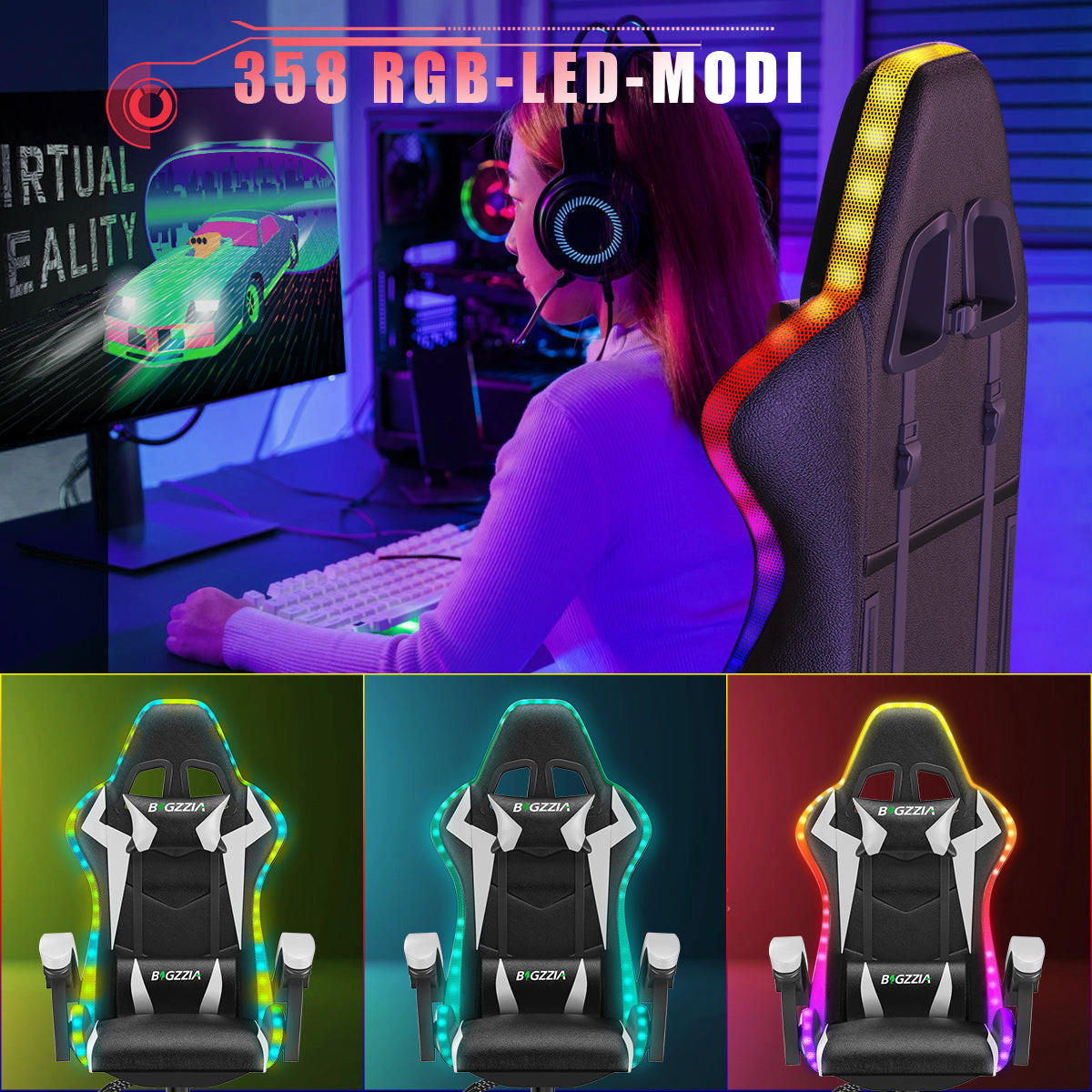 GAMING-STUHL LED, höhenverstellbar, Lenden- & Kopfstütze – Schwarz/Weiß - Weiß, Leder (53.5/117/54cm) - Rattantree