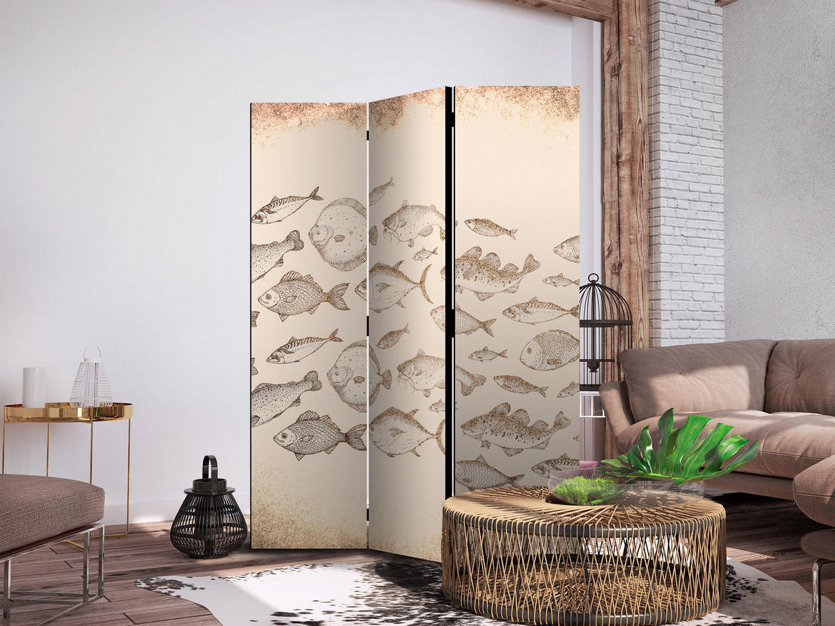 PARAVENT Beidseitig Bedruckter 3-tlg 135x172 cm Fischschwarm Vintage Stil - Beige, Holz/Textil (135/172/3cm) - Muralo