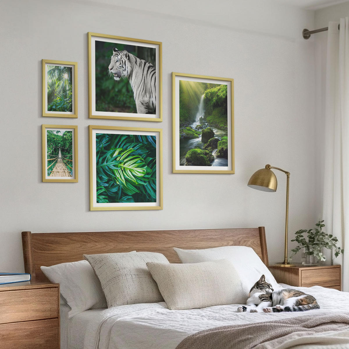 BILDER SET 5er Set - 50x50 cm & 20x30 cm & 40x60 cm Goldrahmen - Dschungel-Weißtiger-Wasserfall - Goldfarben, Kunststoff (40/60cm) - TULUP