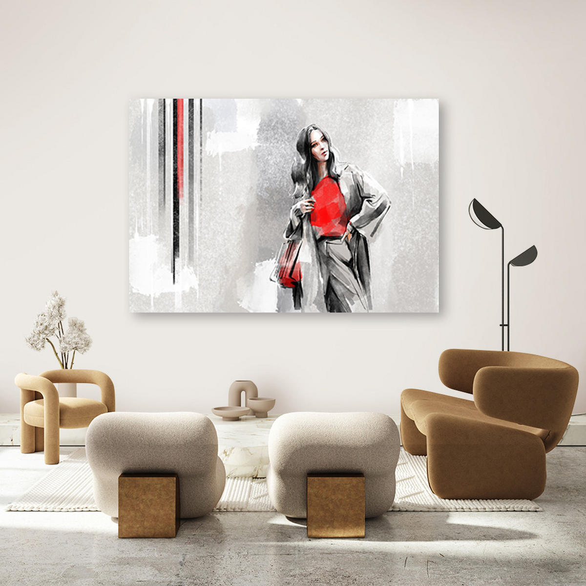 WANDBILD eine frau in einem mantel - Beige, Textil (60/40cm) - Feeby