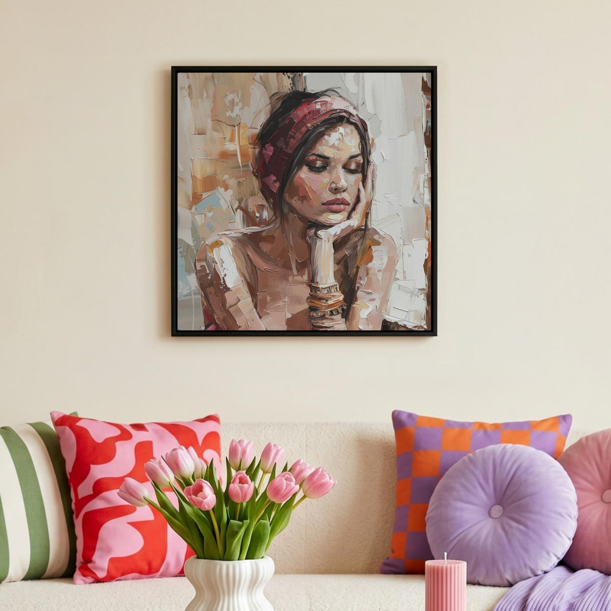LEINWAND Bilder mit Rahmen - Frau - Lackierung - Porträt - Modern - 50x50 - Altrosa, Textil (50/50cm) - MuchoWow