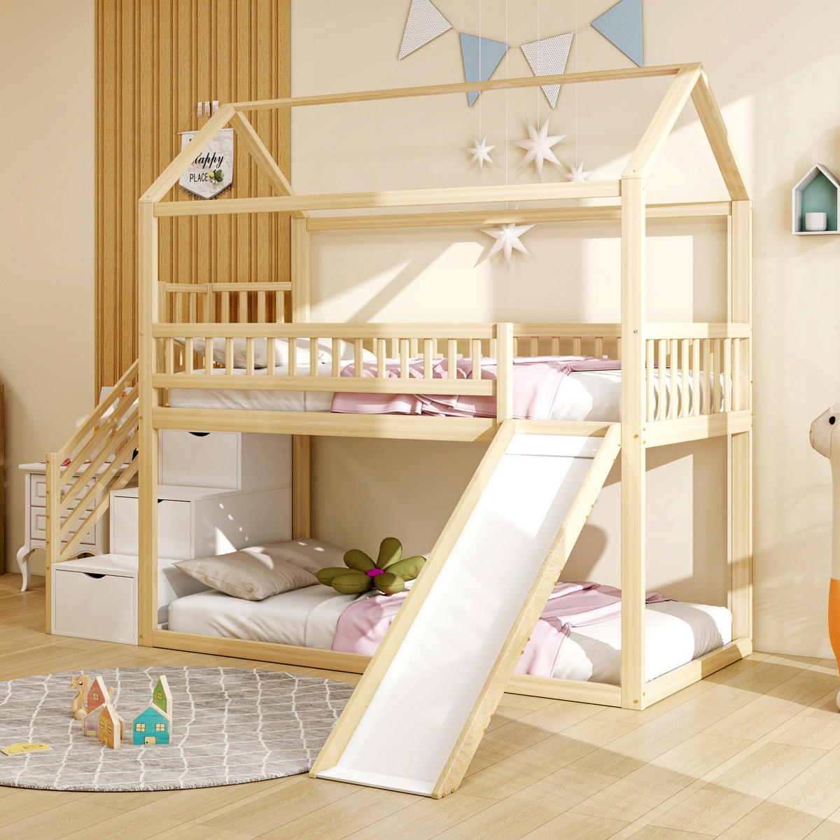 HOCHBETT 90/200 cm in Natur mit Rutsche, Stauraumleiter und Geländer - Naturfarben, Holz/Holzwerkstoff (90/200cm) - CHICFURN