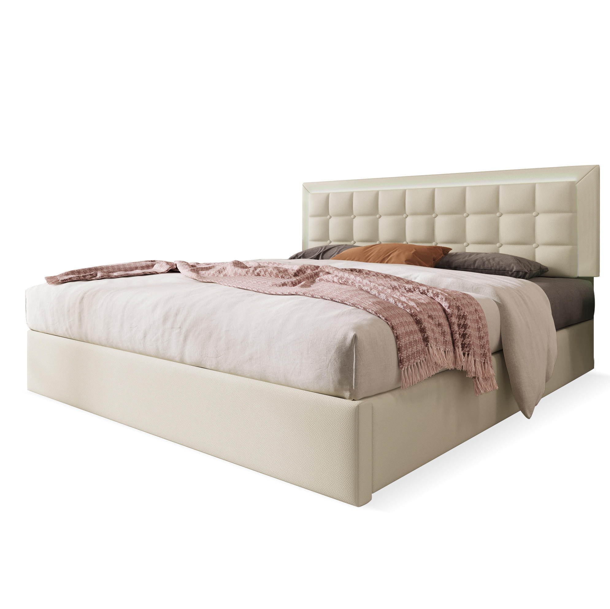POLSTERBETT 180/200 cm mit Stauraum und LED-Beleuchtung Weiß - Weiß, Kunststoff (180/200cm) - OKWISH