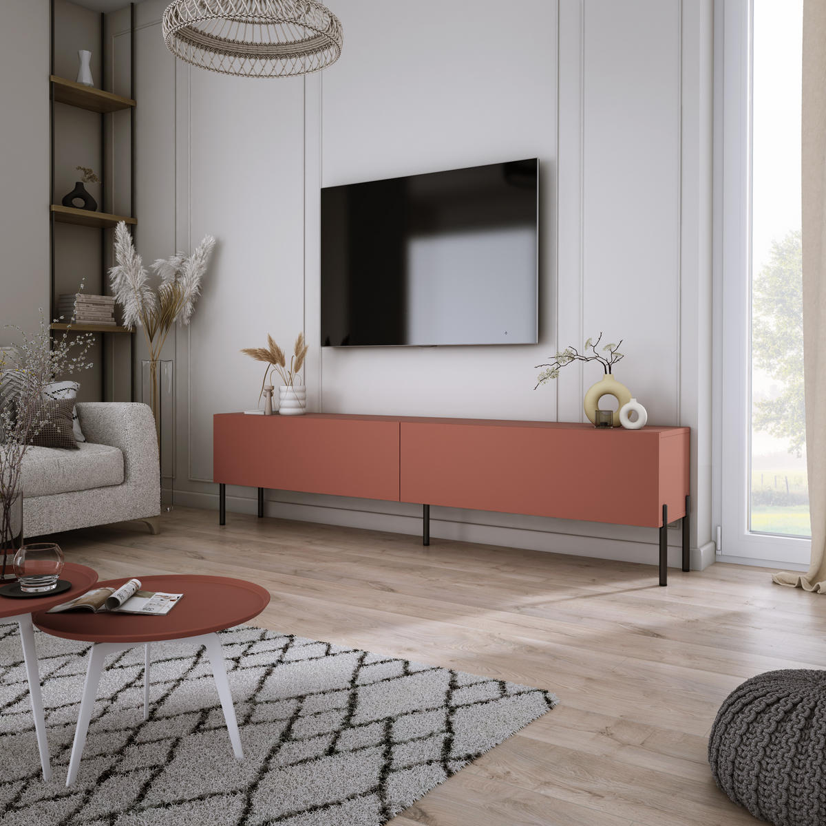 TV-SCHRANK : Ziegelrot, 170 x 52 x 32 cm, schwarze Beine - Rot/Schwarz, Holzwerkstoff/Metall (170/52/32cm) - 3XE LIVING