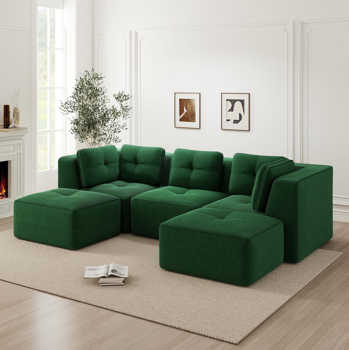 ECKSOFA 297/177/69 cm grün aus Cord mit modularem Design und tiefer Sitzfläche - Grün, Textil (177/297cm) - OKWISH