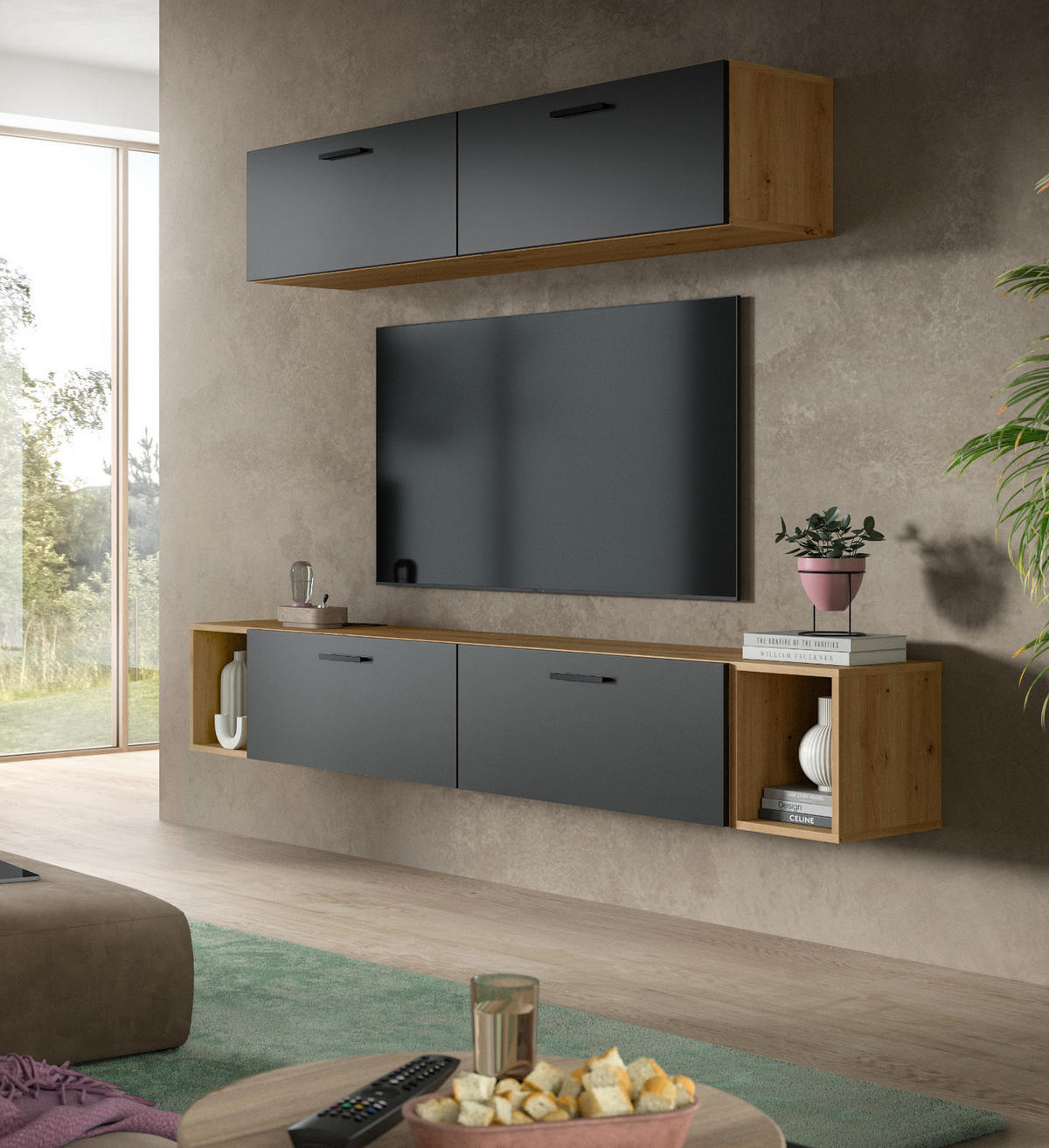 WOHNWAND grau, Eiche Artisan 202 cm, Schrankwand mit Soft-Close - Schwarz/Eiche Artisan, Holzwerkstoff/Kunststoff (202/184/34cm) - Inn.Furn