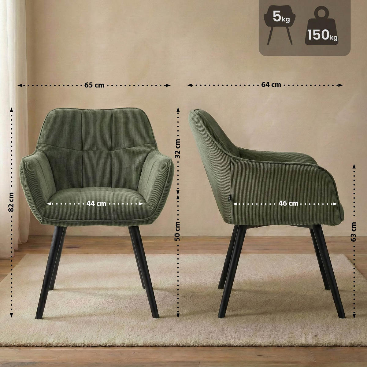 ESSZIMMERSTUHL Cord Grün - Schwarz/Grün, Holz/Textil (65/82/64cm) - CLP