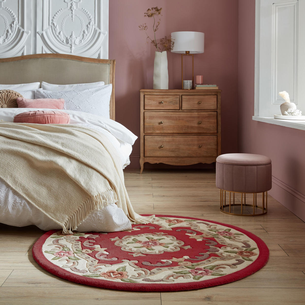 WOLLTEPPICH Aubusson-Muster handgeknüpft BEAULY, Rot-Beige 120x120 cm - Rot, Textil (120/120cm) - KADIMA DESIGN
