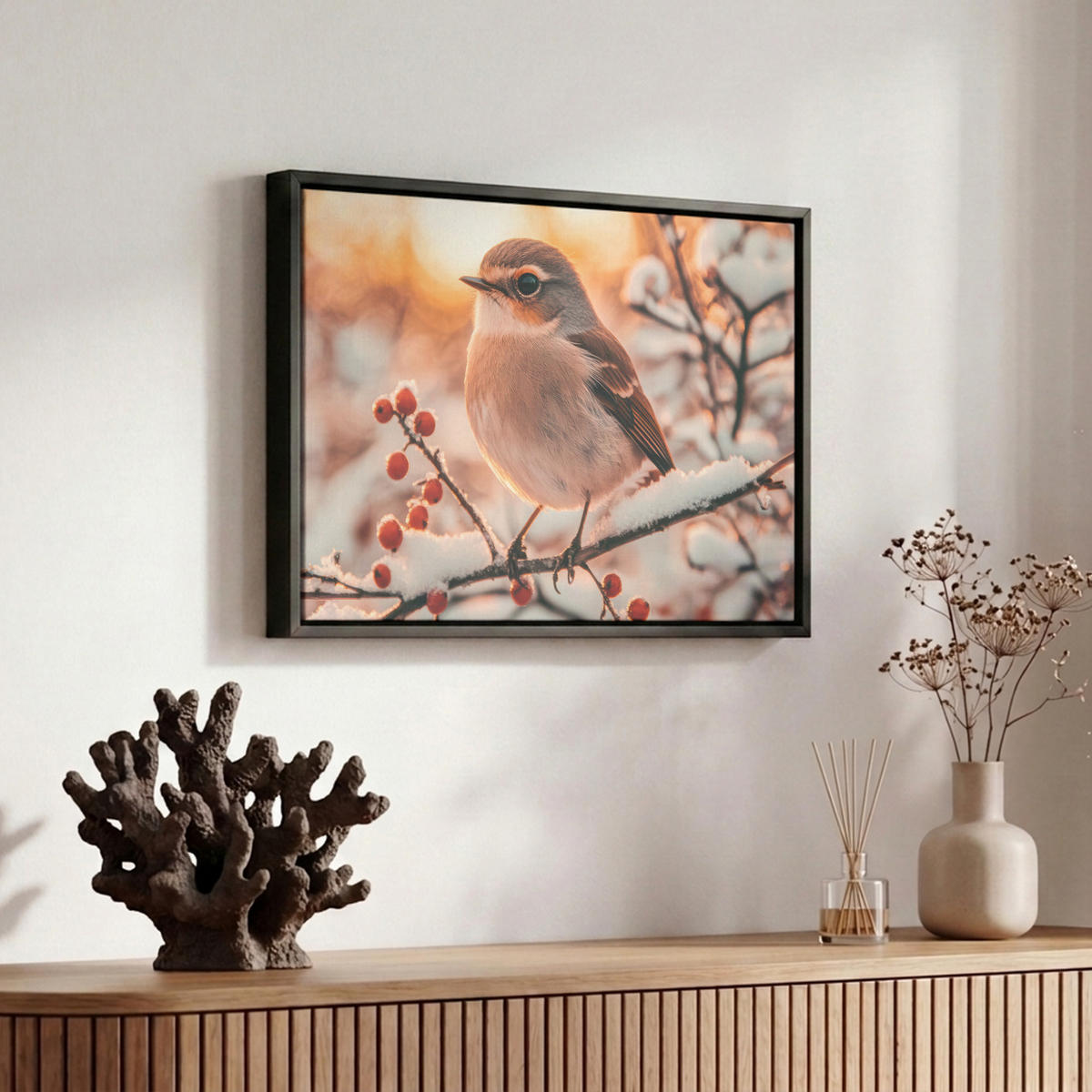 LEINWAND Bilder mit Rahmen - Vogel - Zweig - Winter - Tiere - Schnee - 30x20 - Bernsteinfarben, Textil (30/20cm) - MuchoWow