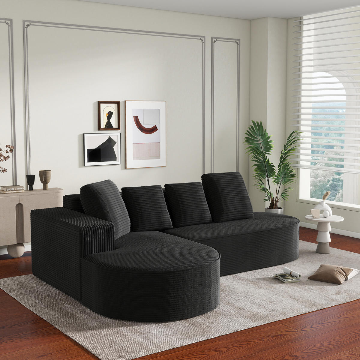 MODULARES Ecksofa Cord Sitzhöhe 40,5 cm mit tiefem Sitz 265/165/67 cm Schwarz - Schwarz, Textil (165/265cm) - Redom