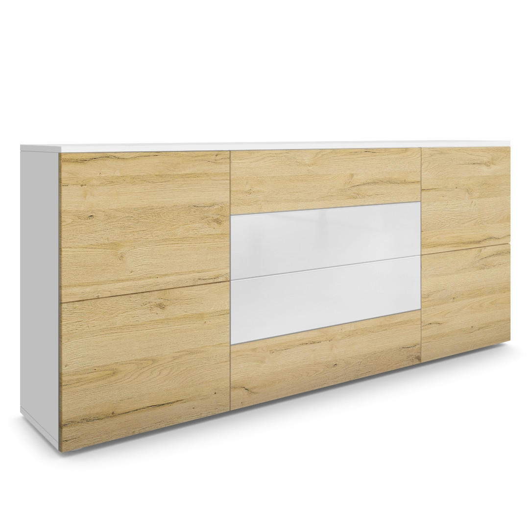 SIDEBOARD Rova Eiche Natur/ Weiß Hochglanz - Eichefarben, Holzwerkstoff (166/72/35cm) - Vladon