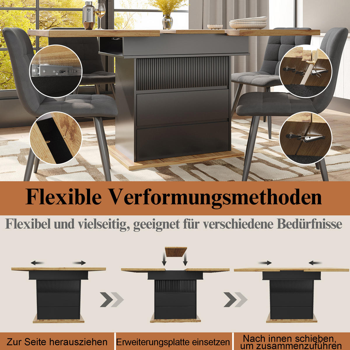 ESSTISCH 110-140/80/75 cm in Schwarz/Natur aus MDF mit Stauraum - Schwarz, Holzwerkstoff (110/80/75cm) - Flora Grace