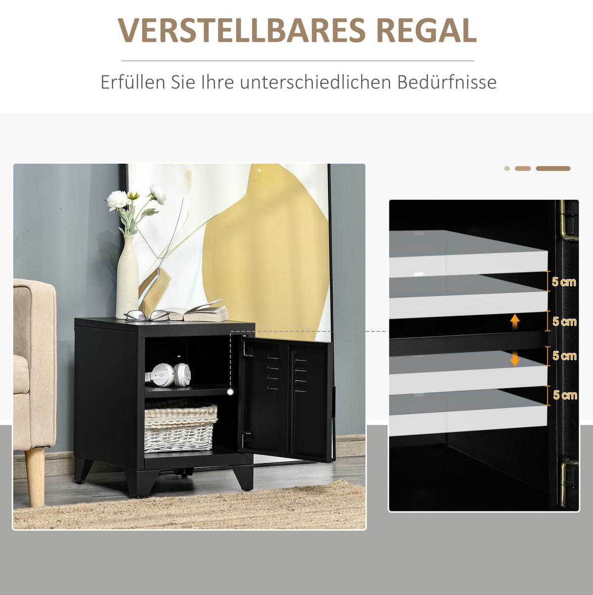 NACHTTISCH 40/40/50 cm im Industrial-Look mit Tür & verstellbarem Regal - Schwarz, Metall (40/50/40cm) - BEAOK