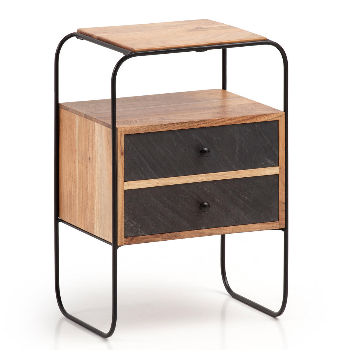 NACHTTISCH Massivholz Steinoptik 2 Schubladen Ablage Metallgestell, Akazie 40x30x60 cm - Schwarz/Akaziefarben, Holz/Metall (40/60/30cm) - KADIMA DESIGN