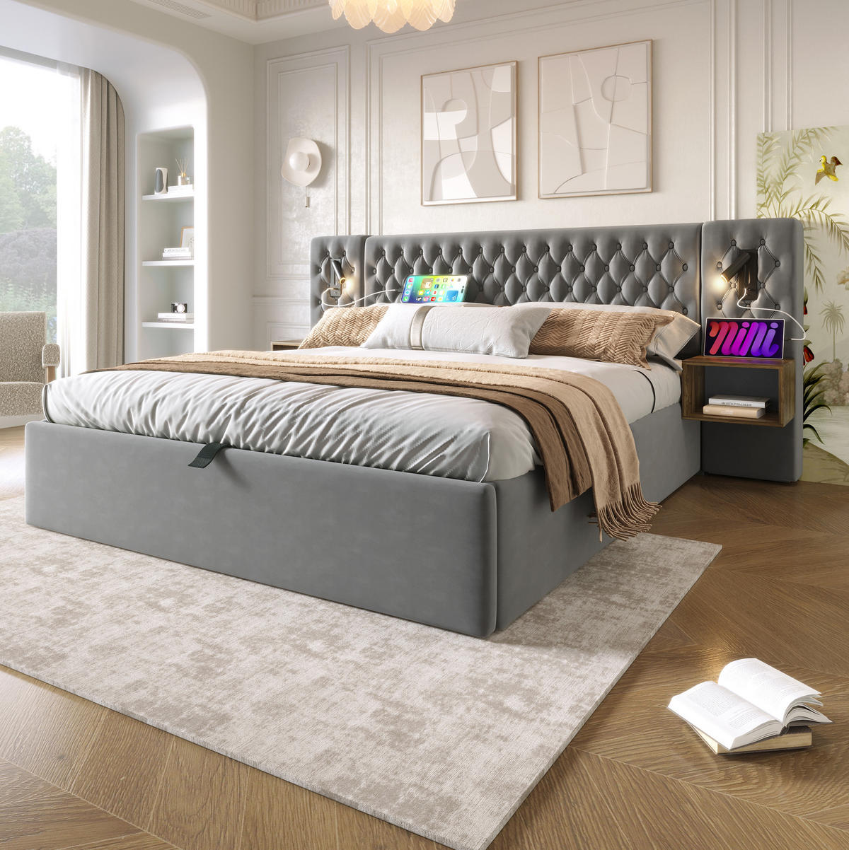 POLSTERBETT 160/200 cm Grau Hydraulisch Stauraumbett mit 2 Nachttischen und Leselicht Mit Matratze - Grau, Textil (160/200cm) - OKWISH