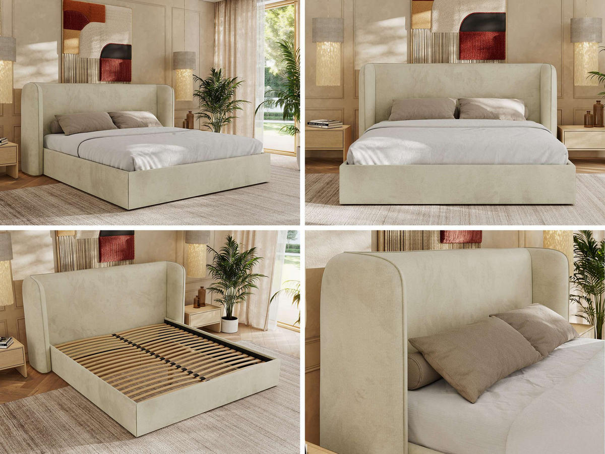 POLSTERBETT EMORA CLASSIC 160/200 - Beige Velvet - Multipocket-Matratze - Beige, Textil (160/200cm) - MKS