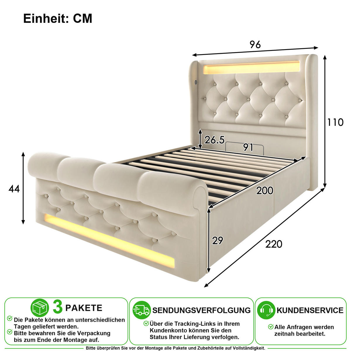 ČALOUNĚNÁ POSTEL 90/200 cm v béžové barvě s LED, USB, Type-C a úložným prostorem - béžová, kov/kompozitní dřevo (90/200cm) - CHICFURN