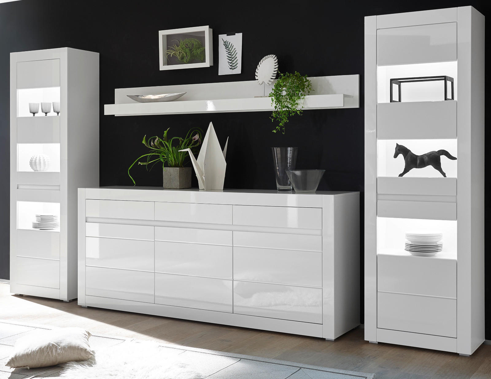 WOHNWAND weiß Hochglanz, Stone Design grau 4-teilig, Anbauwand mit Soft-Close - Weiß Hochglanz/Weiß, Glas/Holzwerkstoff (369/198/42cm) - Furn.Design