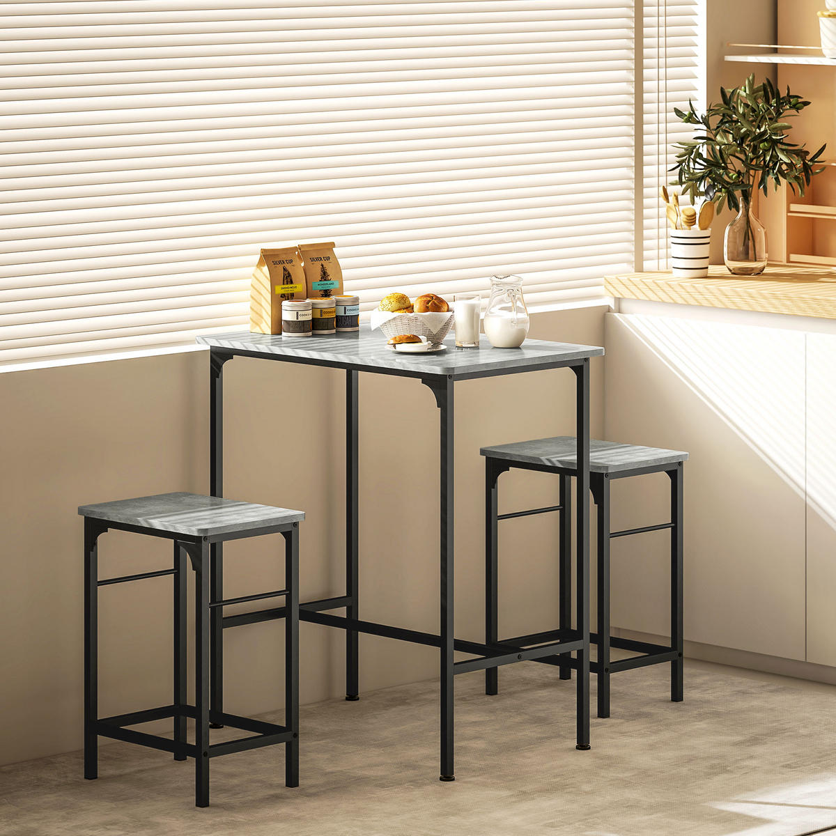 BARTISCH Set Bartisch mit Barhocker-Set Esstisch mit 2 Stühlen mit Fußpolster - Grau, Holz (50/87/80cm) - HOMCOM