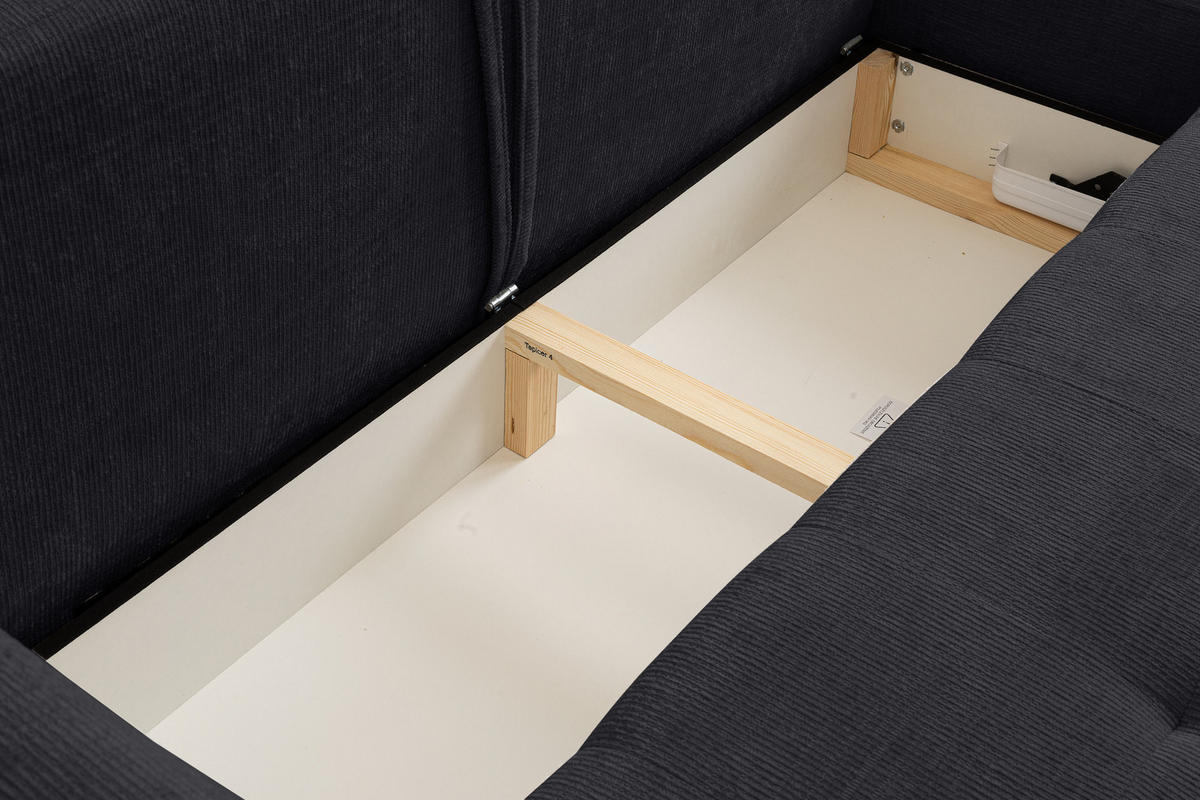 ECKSOFA Lucky in L-Form mit Schlaffunktion und Bettkasten, Farbe: Schwarz, Strukturstoff, Ottomane Links oder Rechts - Schwarz, Textil (275/160cm) - VENASI MÖBEL
