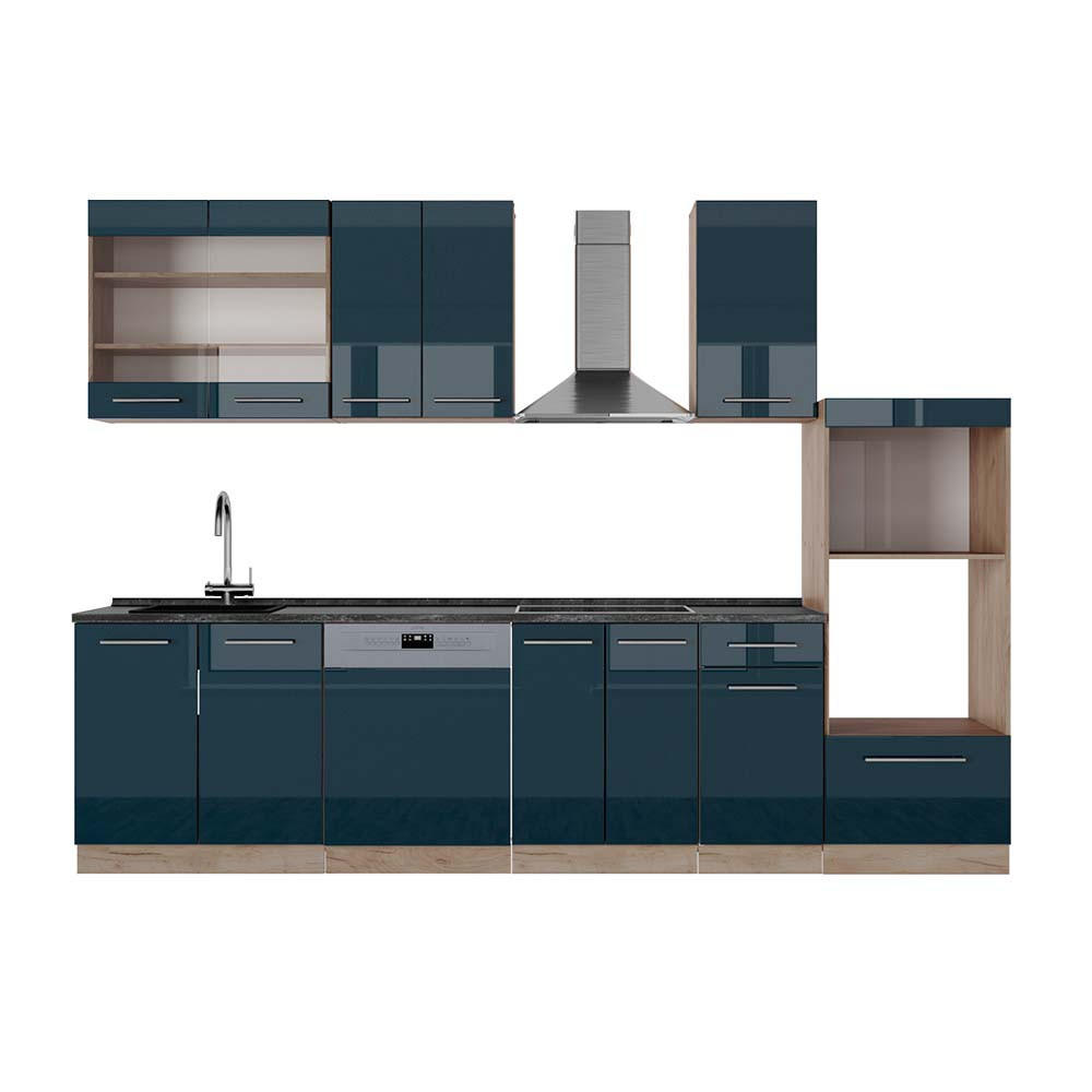 KÜCHENZEILE Fame-Line Dunkelblau Hochglanz/Goldkraft Eiche 300 cm AP Anthrazit - Eiche Wotan/Dunkelblau, Holzwerkstoff (300/81.6/60cm) - Vicco