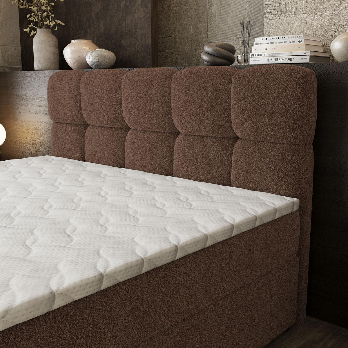 BOXBETT BRUME 160x200 cm mit Matratze und Topper, H2+H3 - Braun - Braun, Holz (160/200cm) - MASSENO