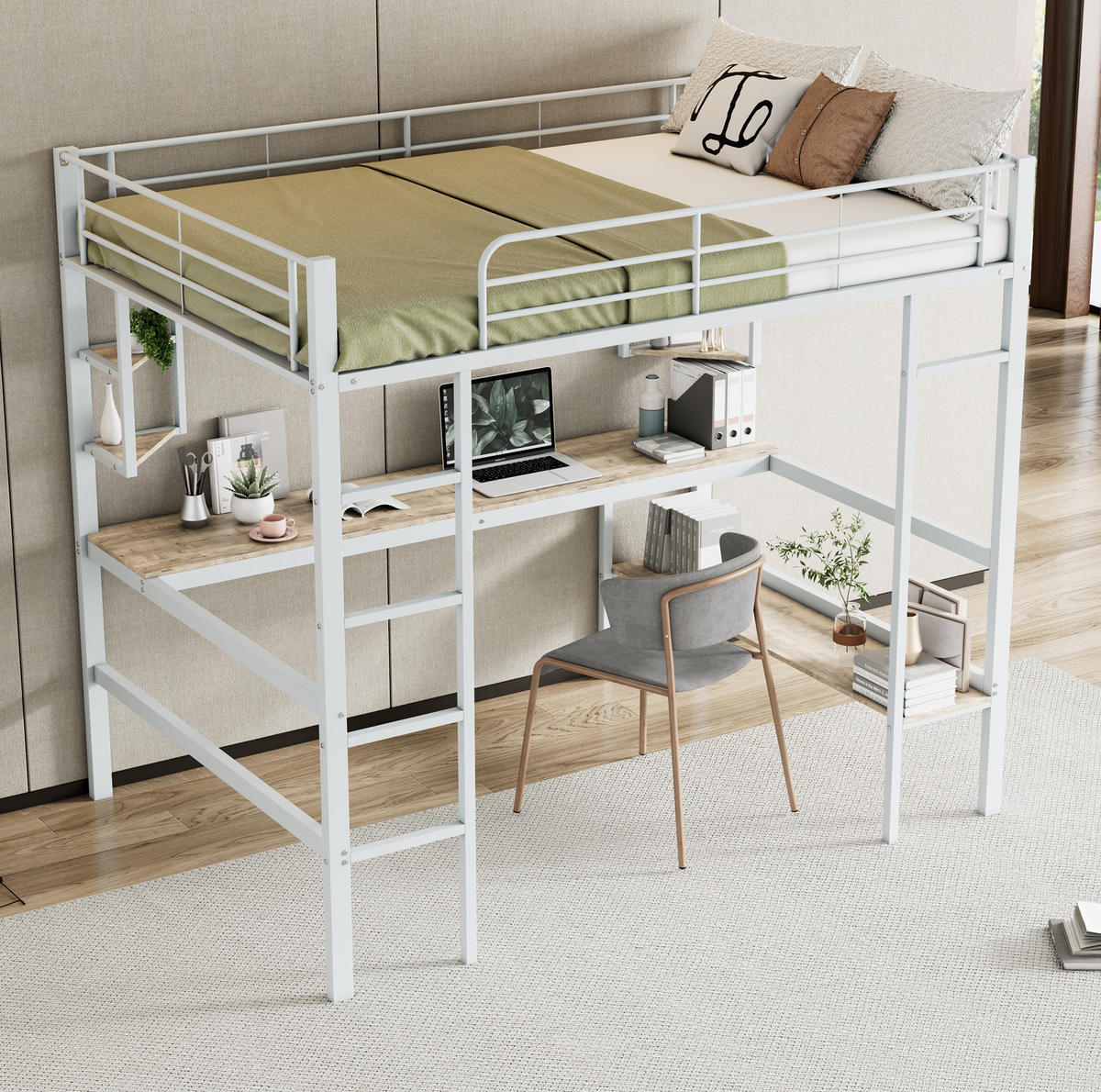 HOCHBETT 140/200 cm Metallbett mit Schreibtisch und Regalen in Weiß - Weiß, Metall (140/200cm) - OKWISH