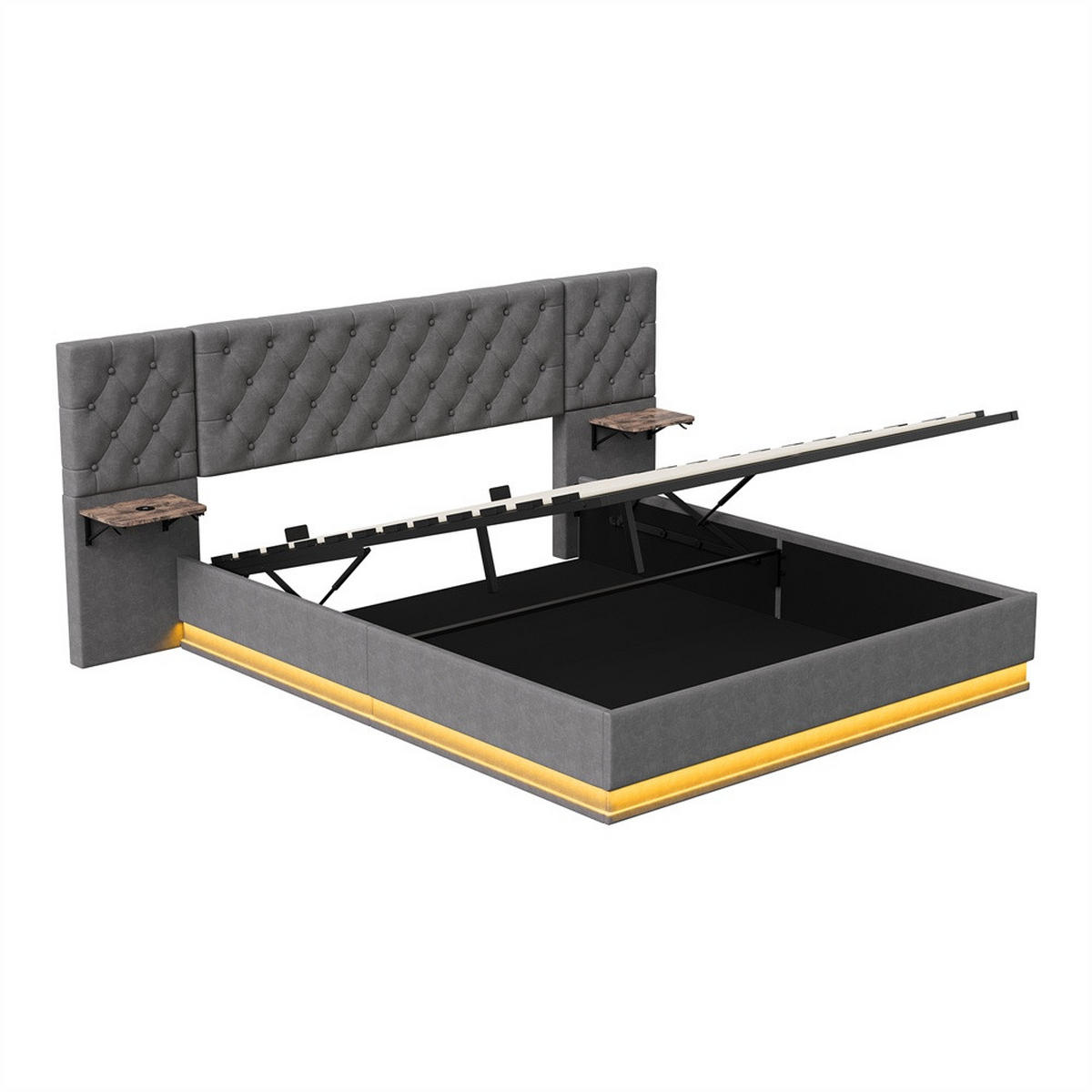 POLSTERBETT 140x200cm mit USB- & Type-C Ladeanschluss -Hydraulik-Stauraum und LED-Beleuchtung - Grau - Grau, Textil (140/200cm) - DELFA