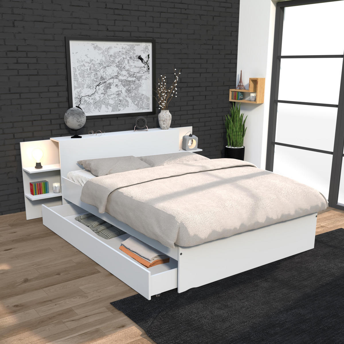 BETT CITY mit Kopfteil und Schublade/ Bett 140x190 - Weiß - Weiß, Holzwerkstoff (140/190cm) - Weber Industries