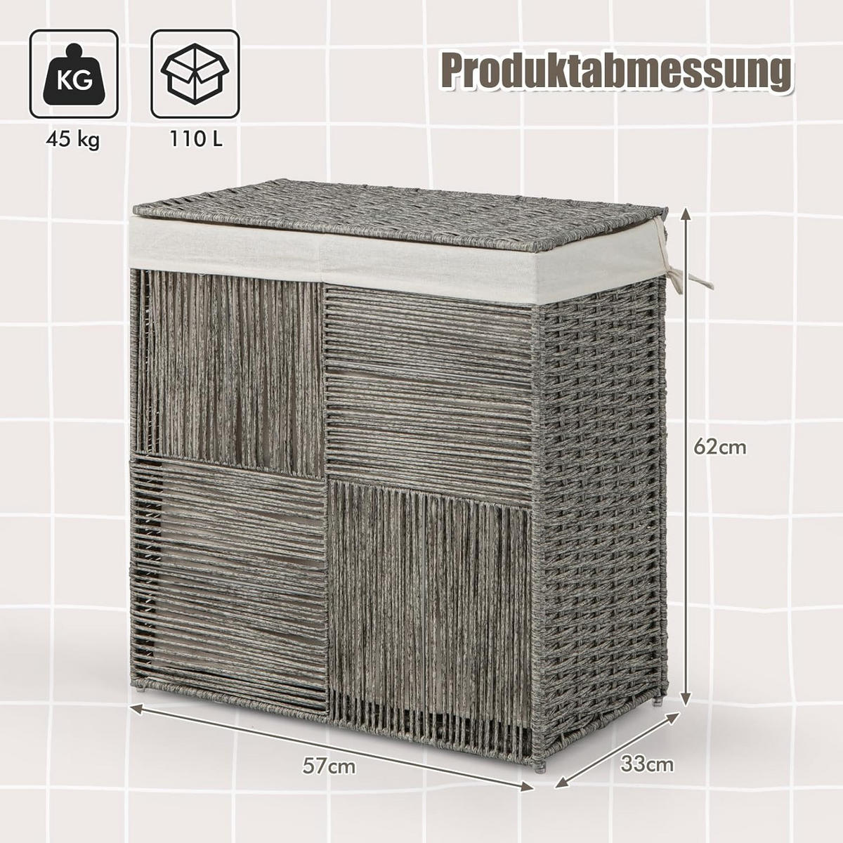 KOŠ NA PRÁDLO, sivý - sivá, plast (33/57/62cm) - COSTWAY
