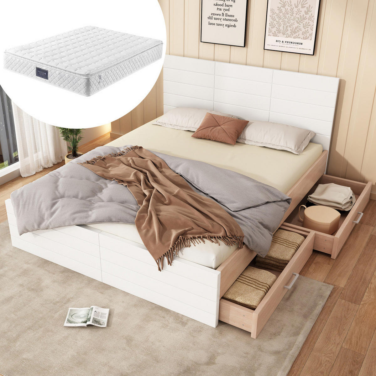 DOPPELBETT 160x200cm Holzbett Modern 2 Schubladen Eiche-Weiß - Weiß, Holz - FLIEKS