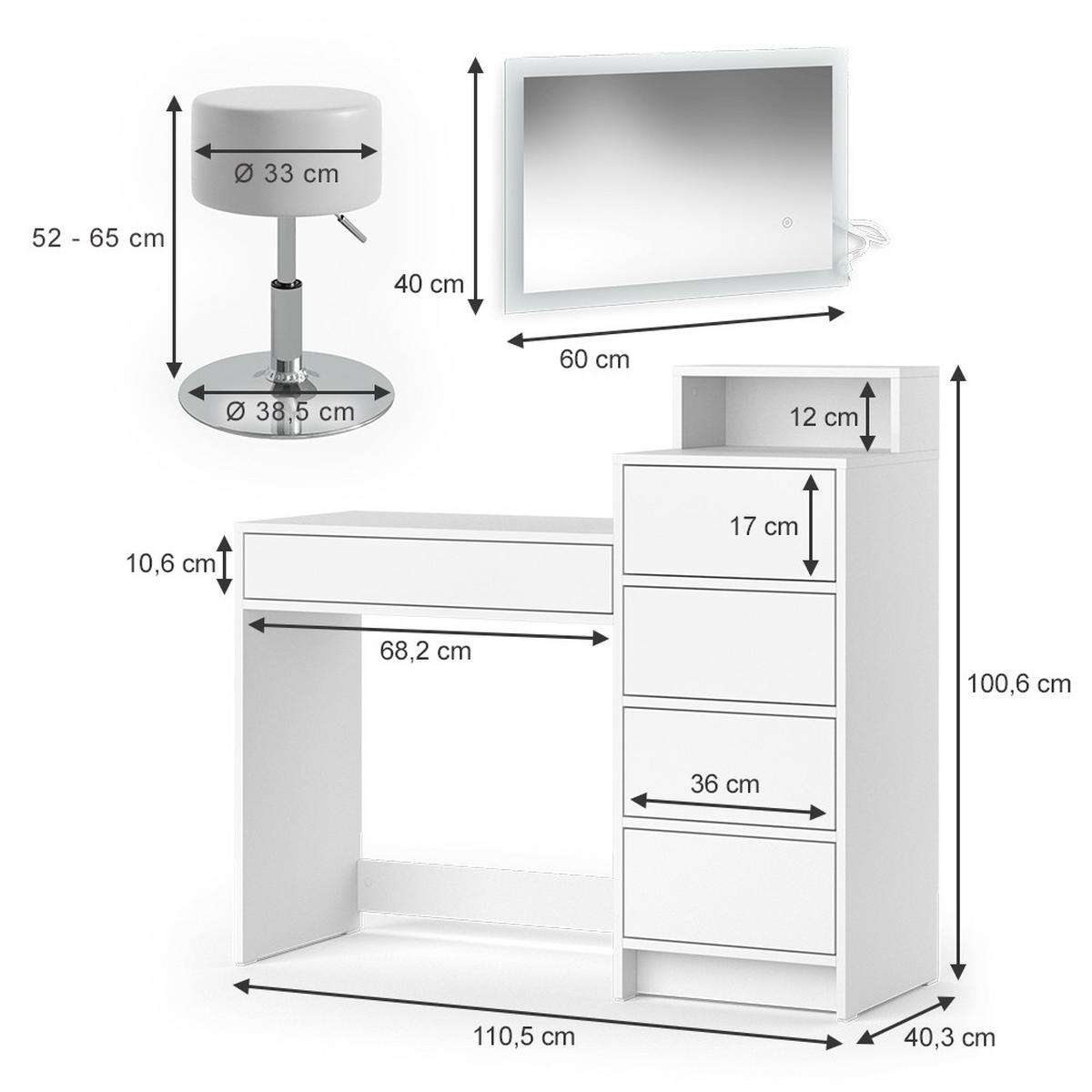 SCHMINKTISCH Naara Weiß 110.5 cm mit LED-Spiegel und Hocker - Weiß, Holzwerkstoff (110.5/100.6/40.3cm) - Vicco