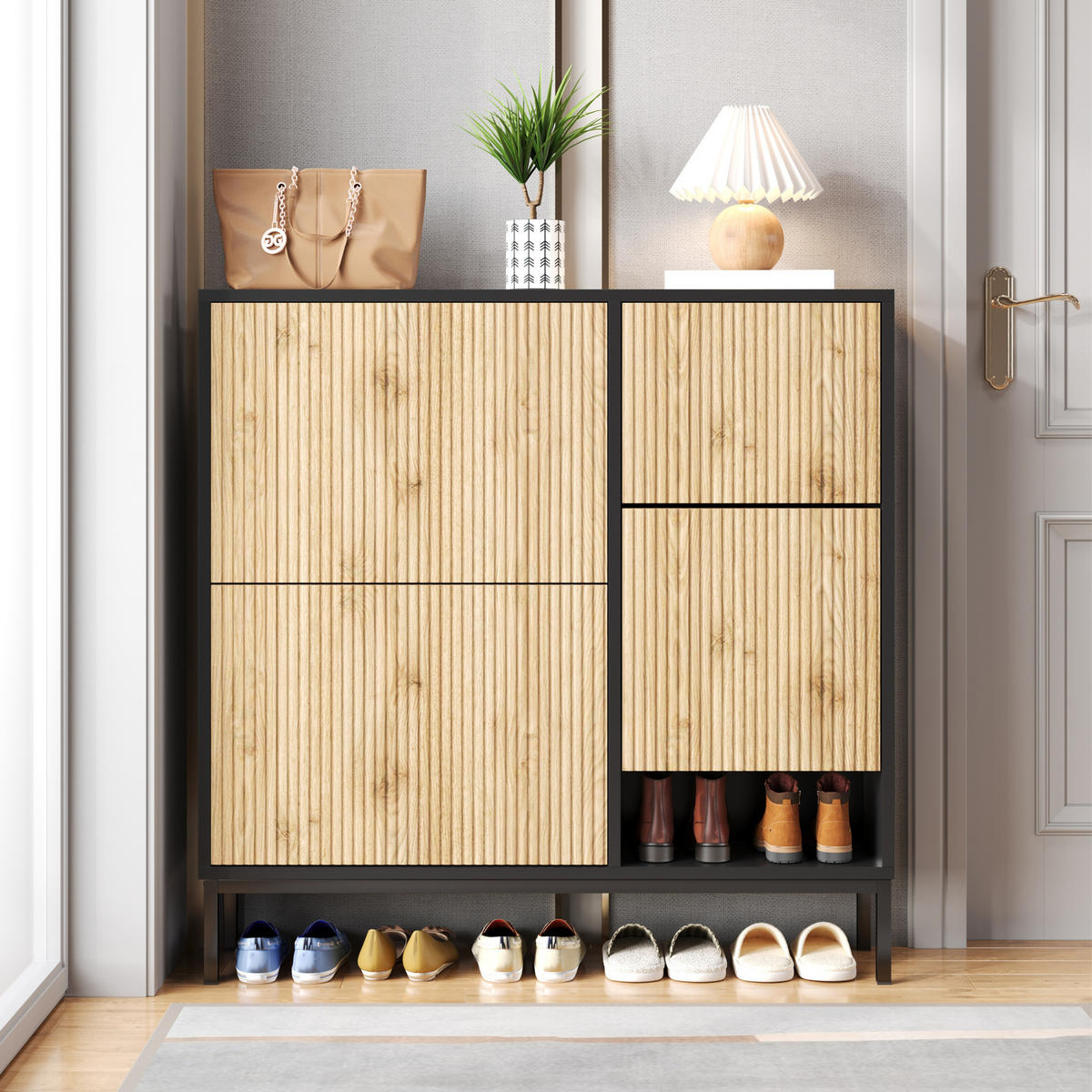 SCHUHSCHRANK 100/100/25 cm Schwarz/Natur aus MDF mit ausziehbarer Sitzbank - Schwarz, Holzwerkstoff (100/100/25cm) - OKMYHOME