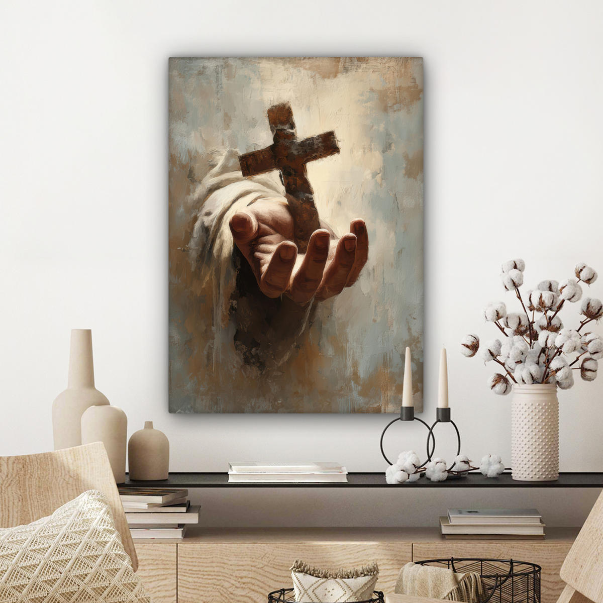 LEINWANDBILD Abstrakt - Kreuz - Hand - Christentum Wandbild Wohnzimmer 60x80 cm - Hellbraun, Textil (60/80cm) - MuchoWow