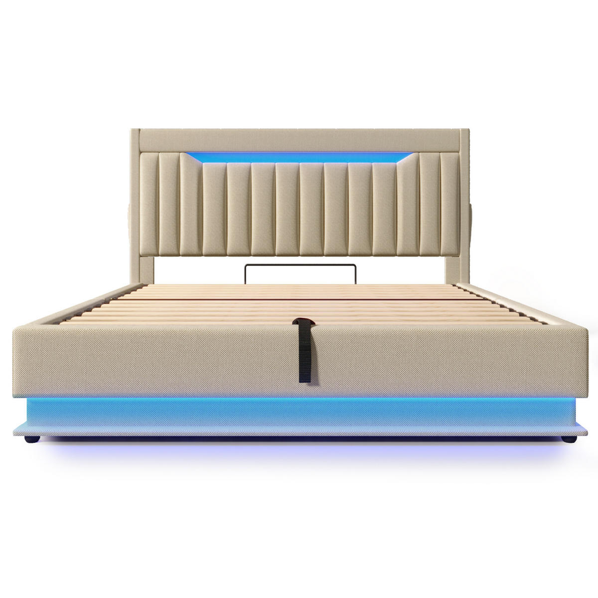 POLSTERBETT 180/200 cm Beige Stauraum-Kopfteil mit USB- und Typ-C-Anschlüssen und LED-Beleuchtung - Beige, Textil (180/200cm) - OKWISH